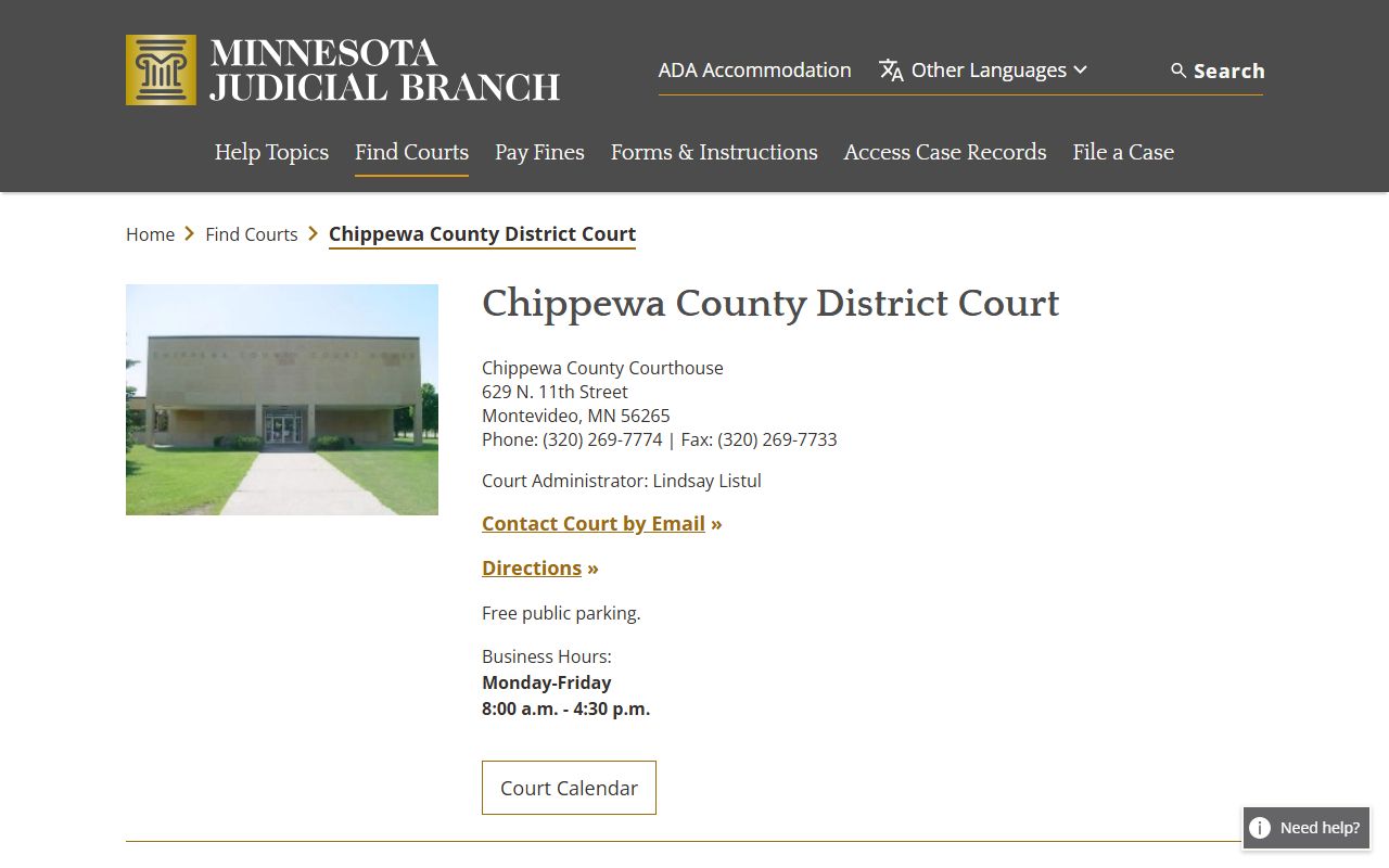 Chippewa County court dockets District Court calendar page
