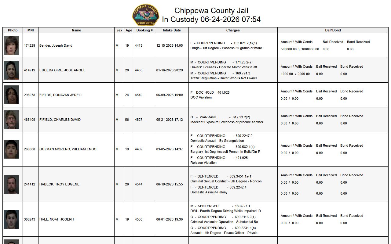 Chippewa County inmate records jail in-custody list