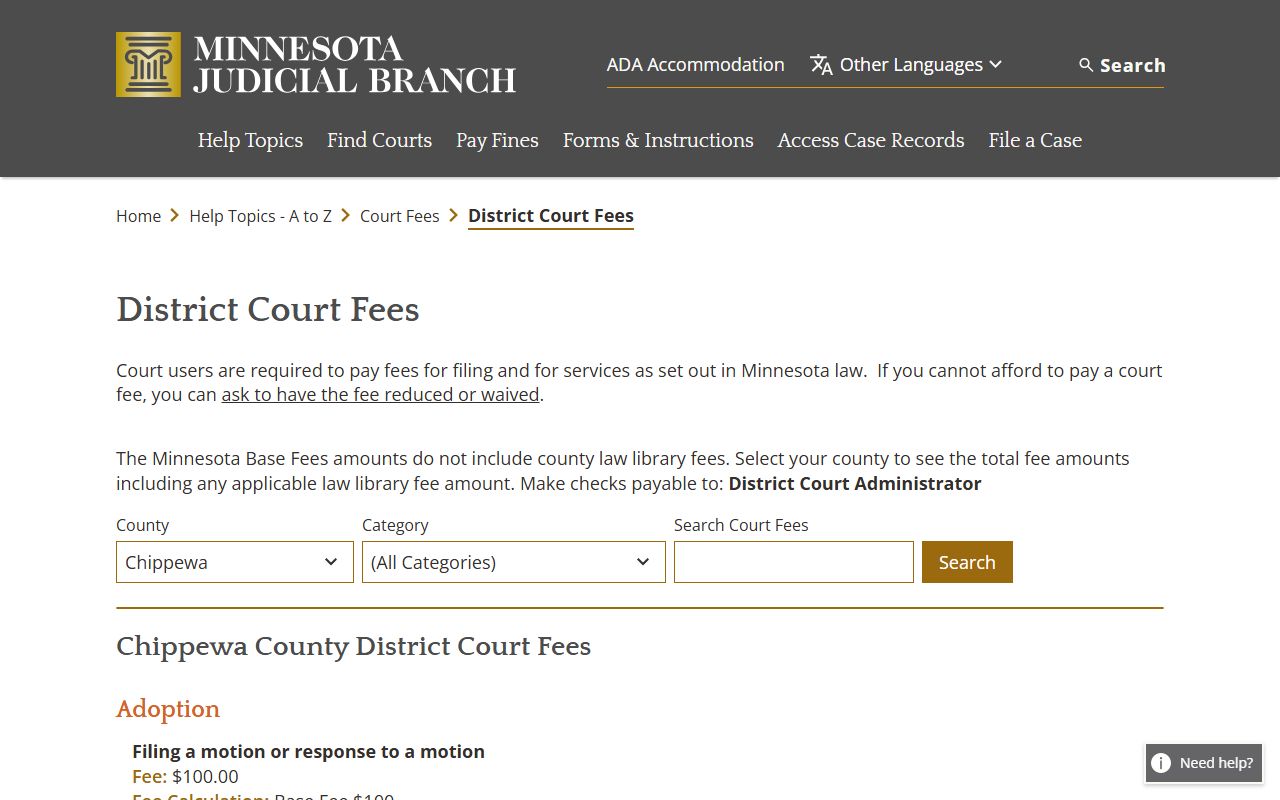 Chippewa County probate records District Court fee schedule